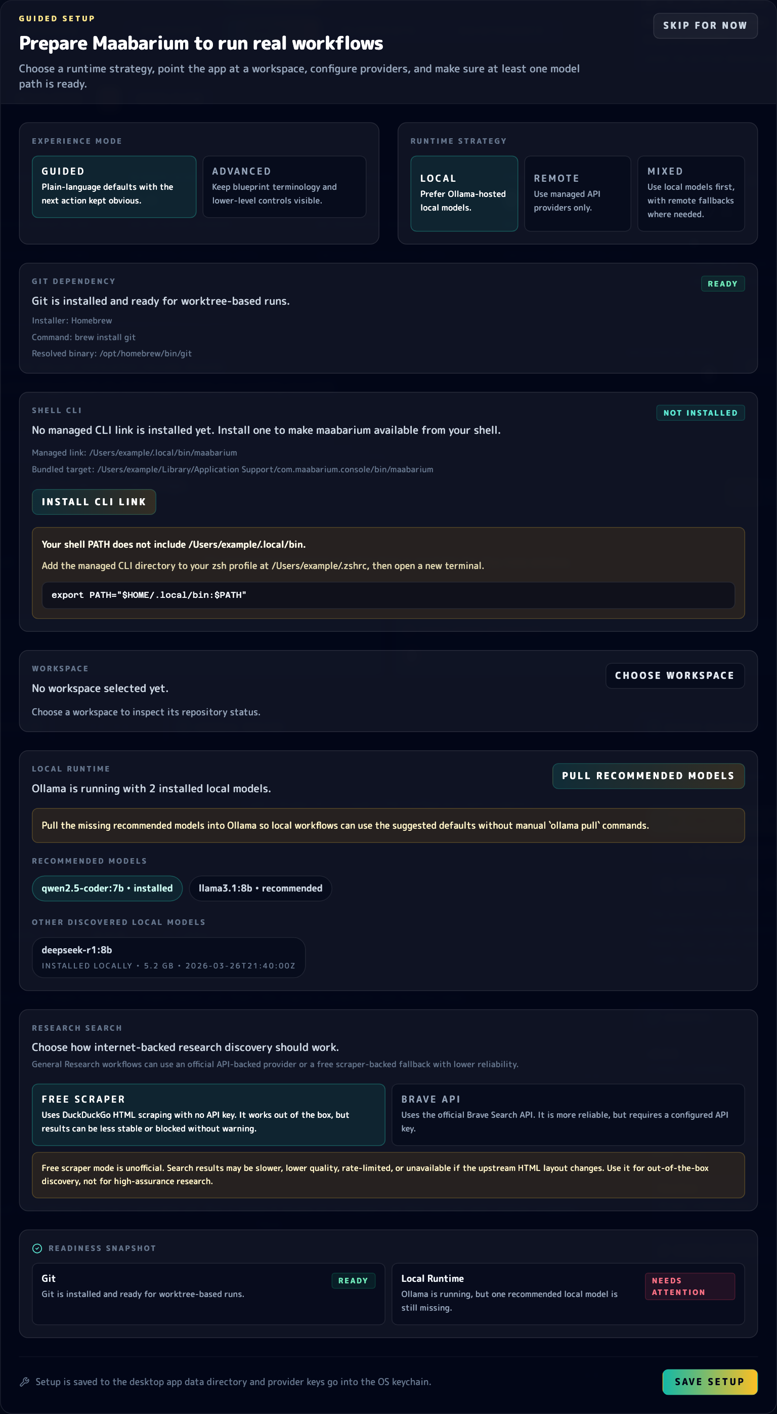 Maabarium guided setup modal showing Git readiness, optional CLI shell integration, and the Pull Recommended Models action.